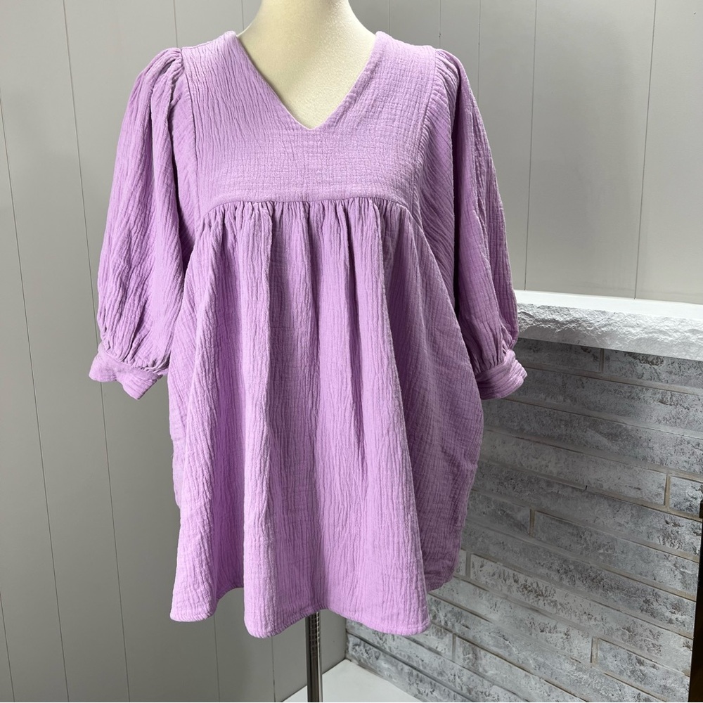Pomander Place Tuckernuck Gauzy Cotton V-Neck Puff Sleeve Lavender Swing Top S